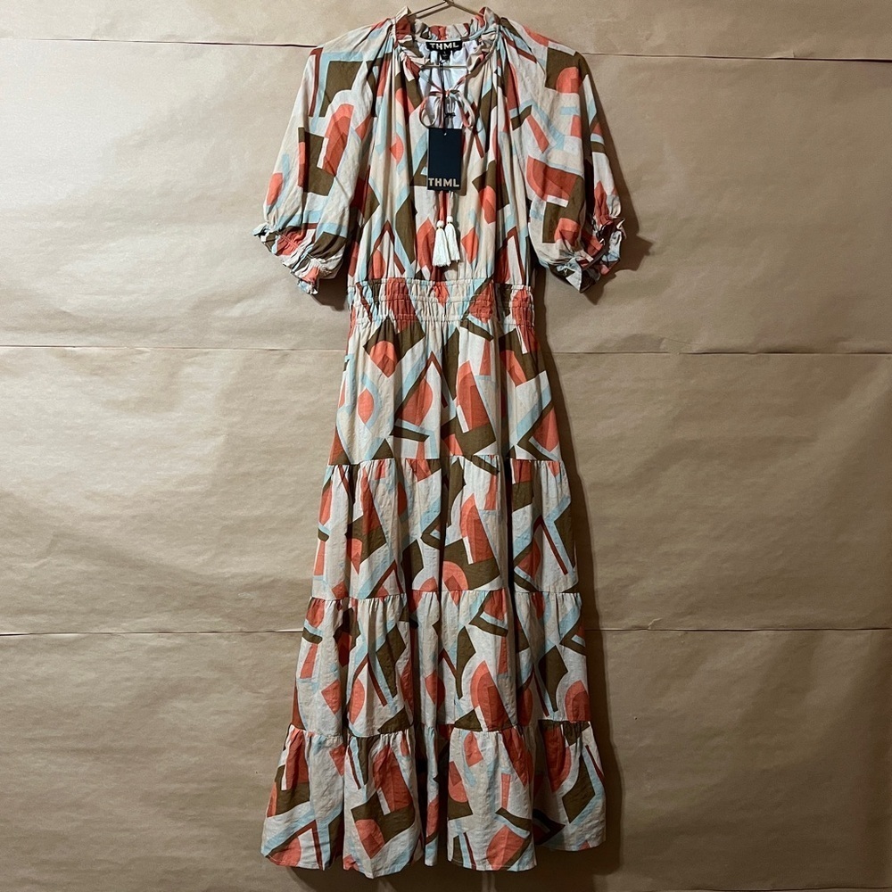 THML Midi Dress in Rust, Olive & Light Blue Geometric Print